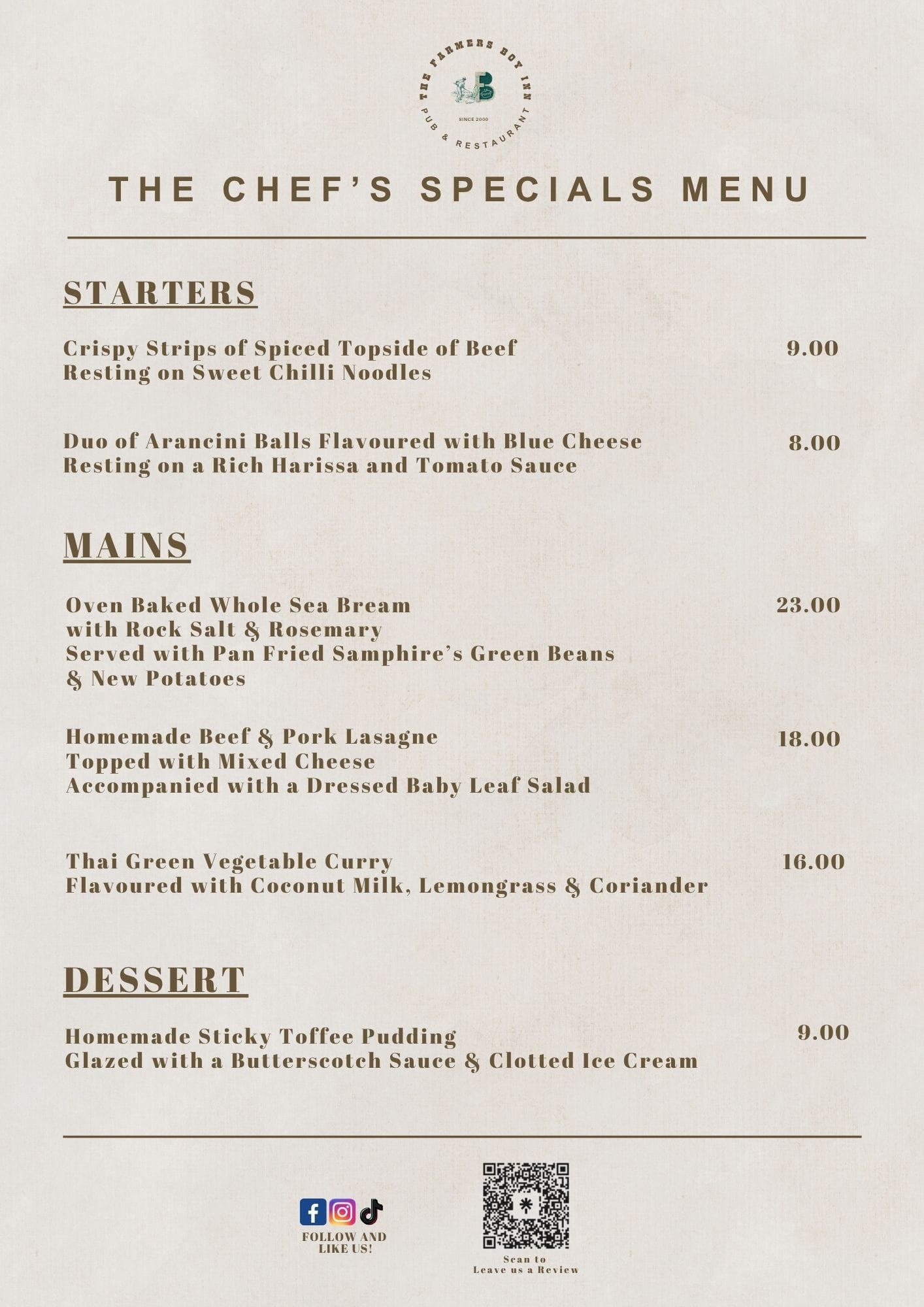 The Chef's Special Menu at The Farmers Boy Inn, Gloucestershire