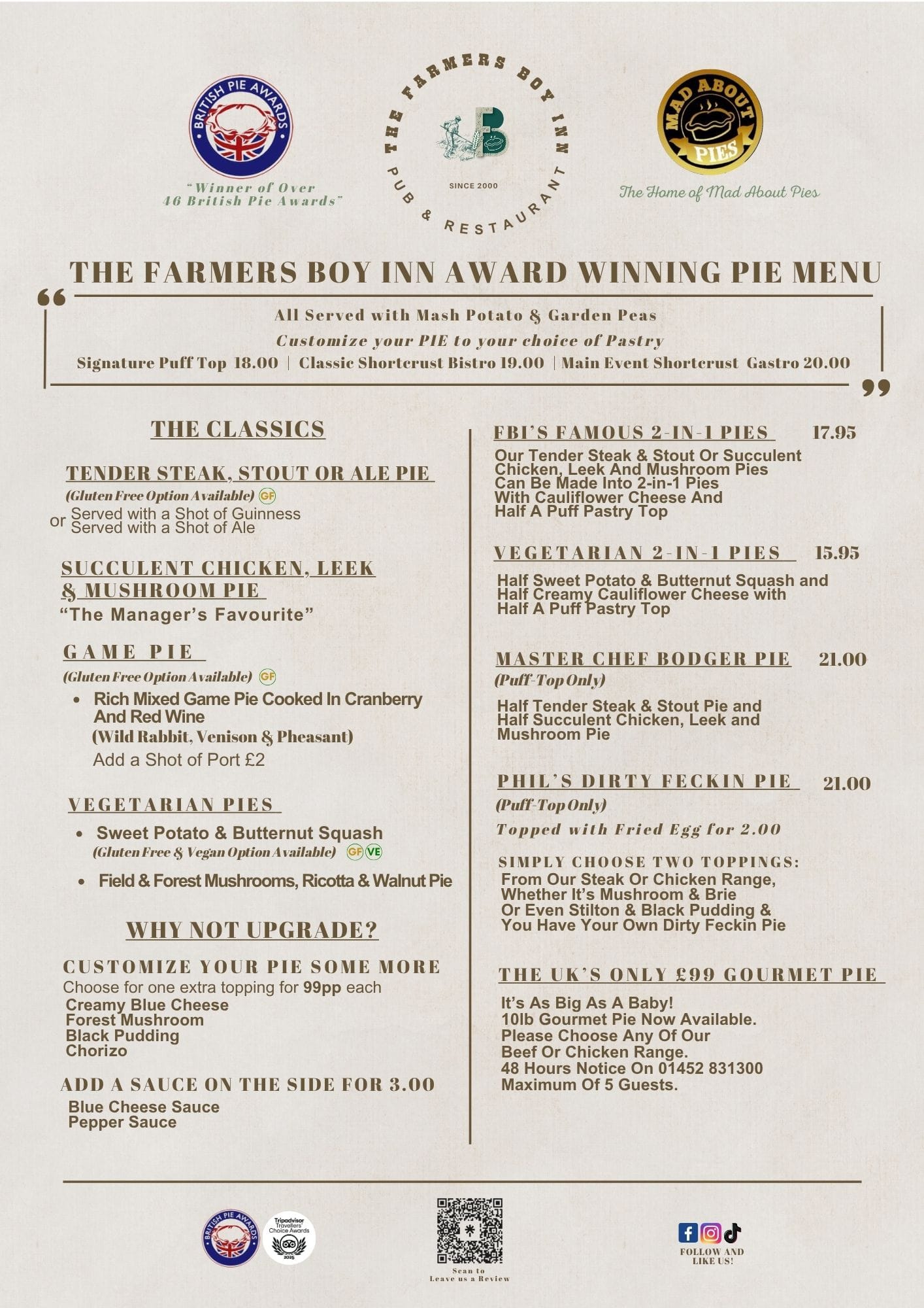 The Pie Menu at The Farmers Boy Inn, Gloucestershire