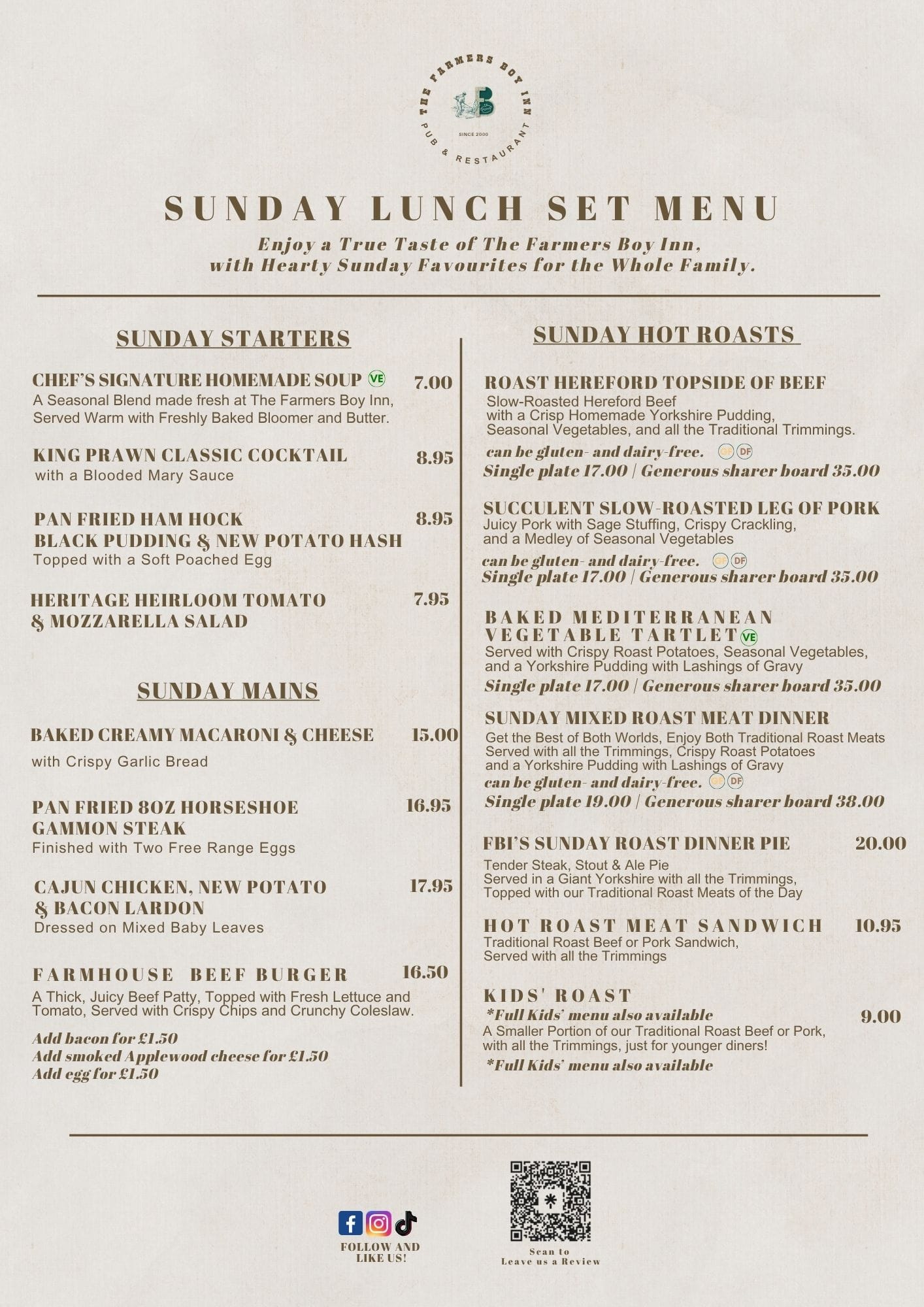 SUNDAY MENU at the Farmers Boy Inn