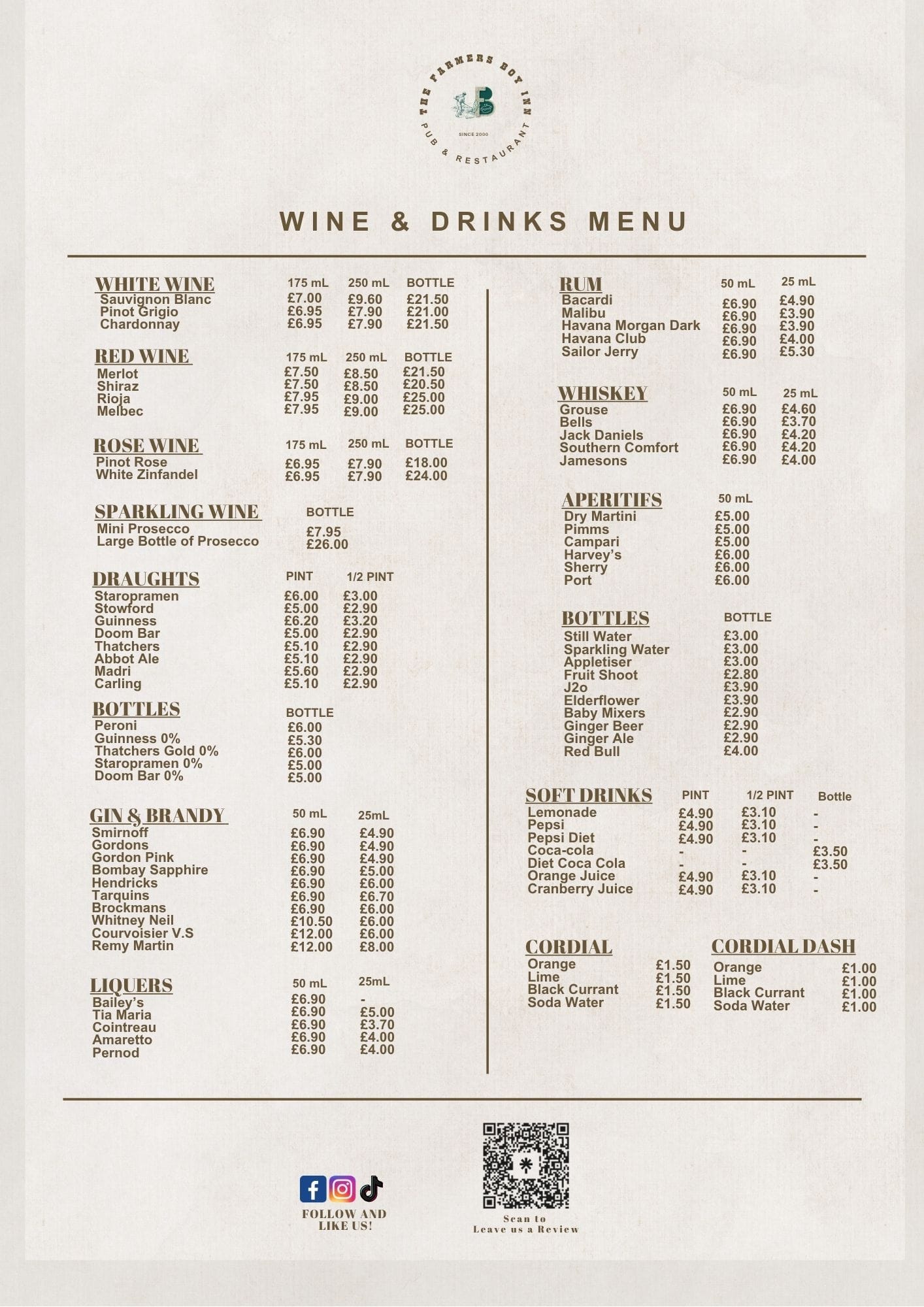 The Wine & Drinks Menu at The Farmers Boy Inn, Gloucestershire